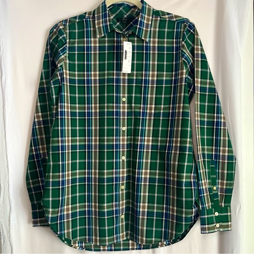 NWT! J. Crew Women’s Green Blue Plaid Button Shirt Sz2 Pocket Collared Cotton